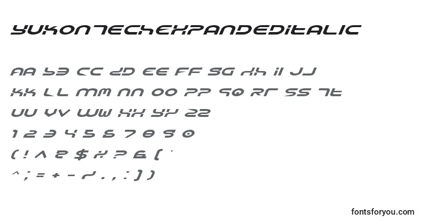 A fonte YukonTechExpandedItalic – alfabeto, números, caracteres especiais