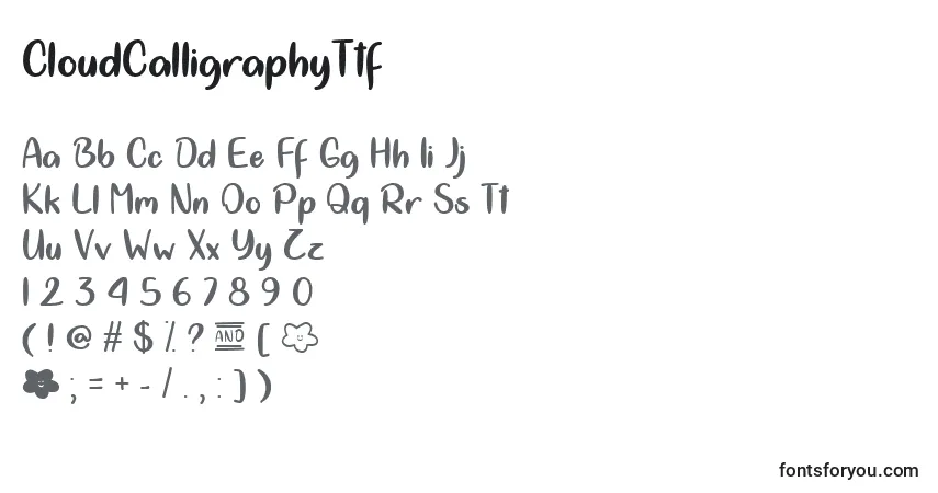 Czcionka CloudCalligraphyTtf – alfabet, cyfry, specjalne znaki