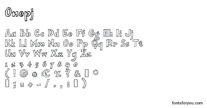 A fonte Onepj – alfabeto, números, caracteres especiais