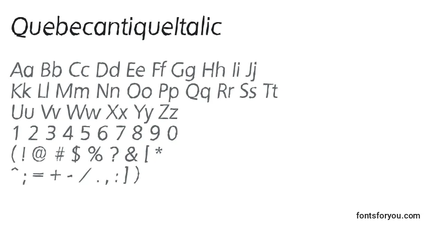 A fonte QuebecantiqueItalic – alfabeto, números, caracteres especiais