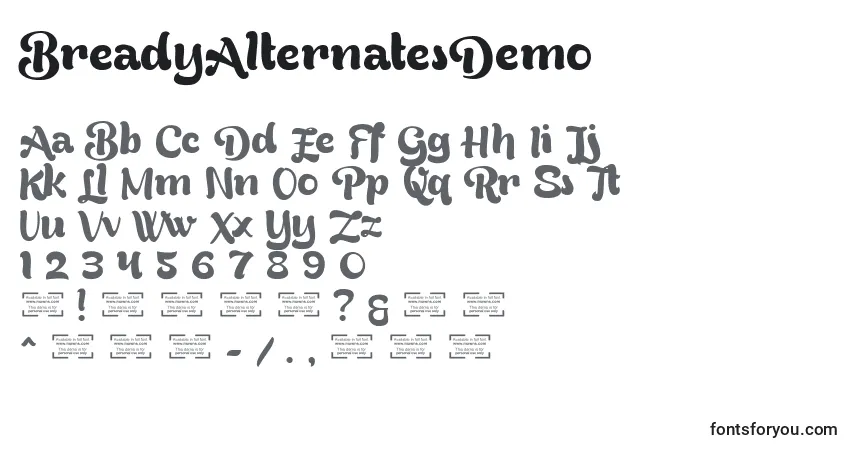 BreadyAlternatesDemo Font – alphabet, numbers, special characters