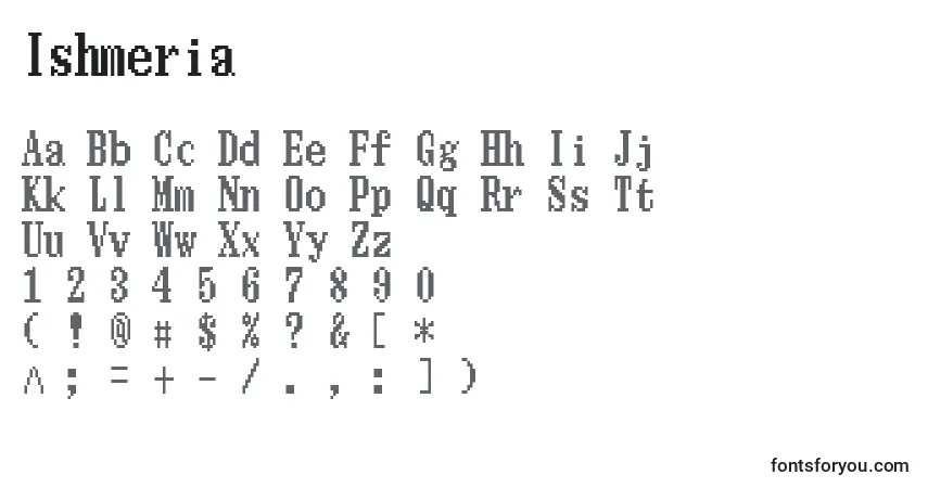 A fonte Ishmeria (100502) – alfabeto, números, caracteres especiais