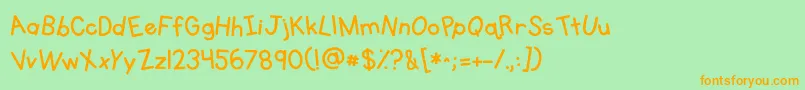 Kgprimarywhimsyフォントについての詳細 フォントKgprimarywhimsy – オレンジの文字が緑の背景にあります。