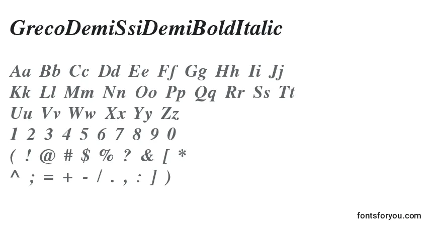 Czcionka GrecoDemiSsiDemiBoldItalic – alfabet, cyfry, specjalne znaki