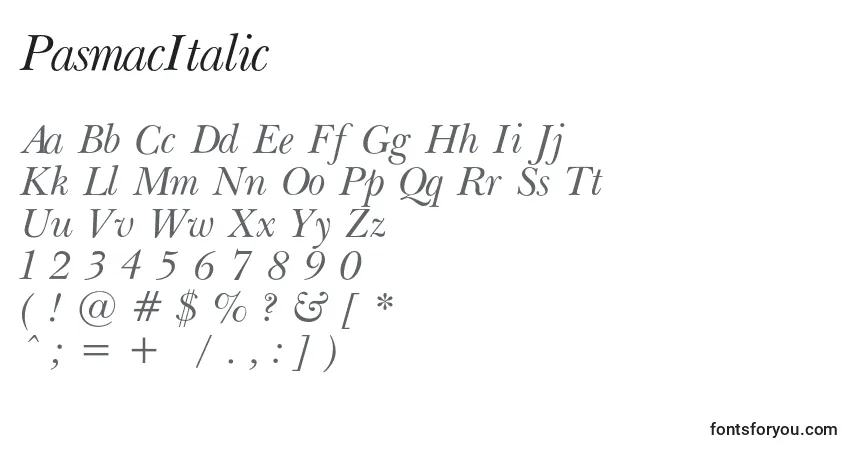 Schriftart PasmacItalic – Alphabet, Zahlen, spezielle Symbole