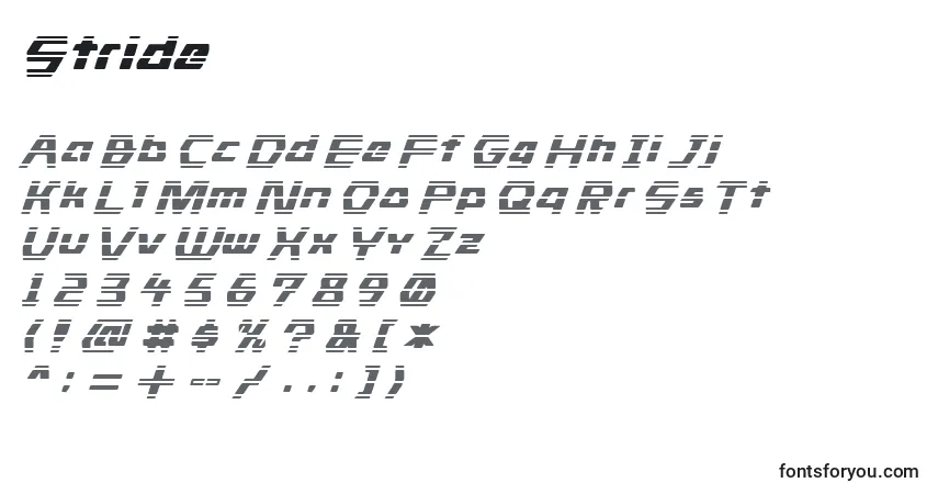 Czcionka Stride – alfabet, cyfry, specjalne znaki