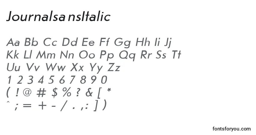 A fonte JournalsansItalic – alfabeto, números, caracteres especiais