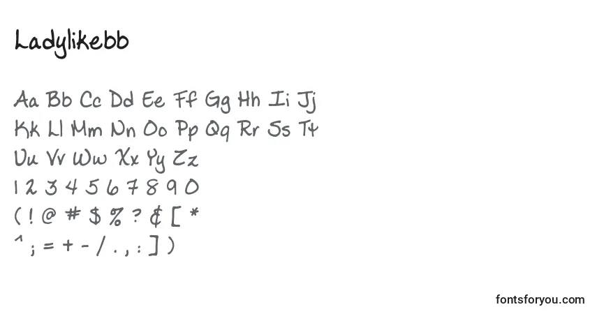 A fonte Ladylikebb (100590) – alfabeto, números, caracteres especiais