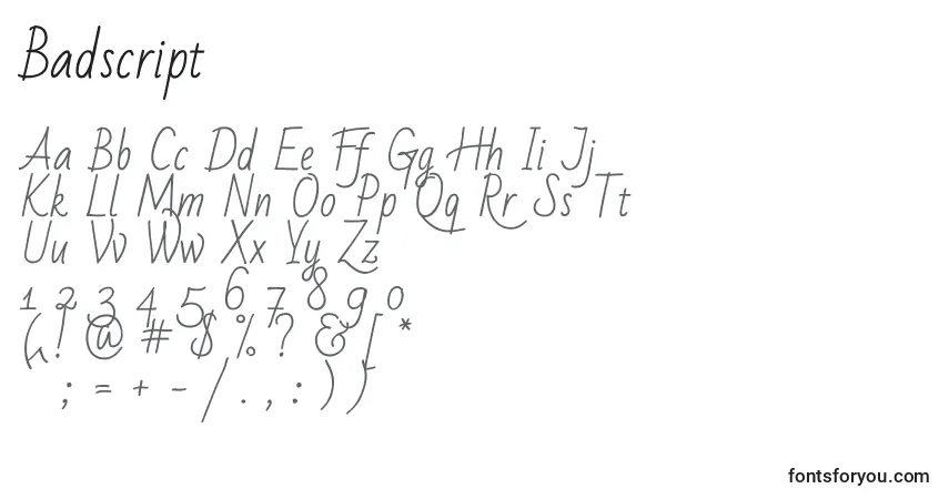 Czcionka Badscript – alfabet, cyfry, specjalne znaki