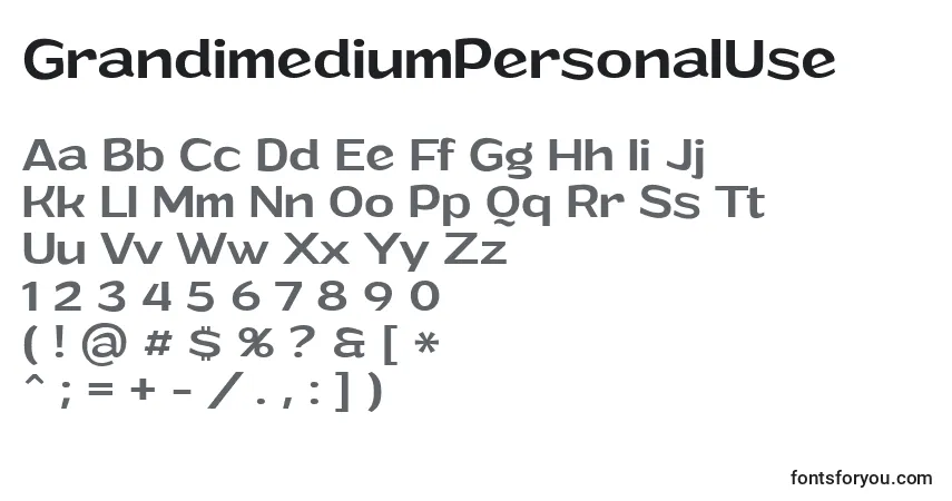 A fonte GrandimediumPersonalUse – alfabeto, números, caracteres especiais