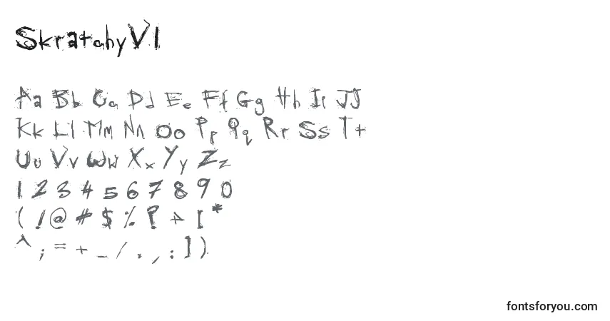 A fonte SkratchyV1 – alfabeto, números, caracteres especiais