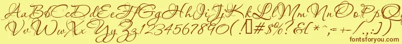 フォントAquarelle – 茶色の文字が黄色の背景にあります。