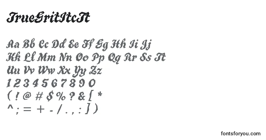 Czcionka TrueGritItcTt – alfabet, cyfry, specjalne znaki