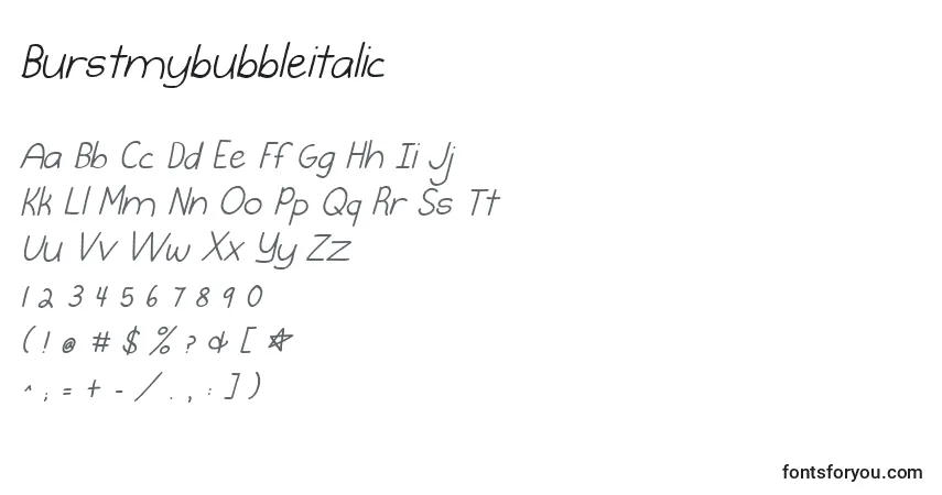 Schriftart Burstmybubbleitalic – Alphabet, Zahlen, spezielle Symbole