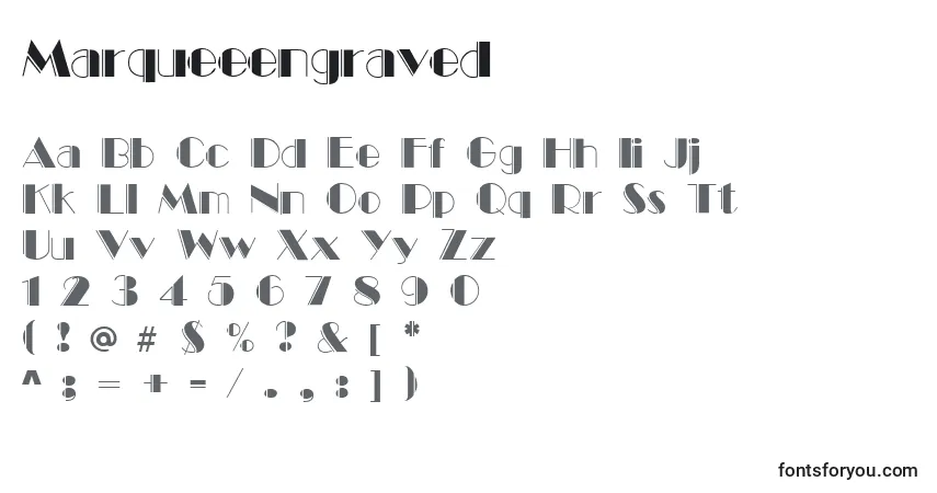 Czcionka Marqueeengraved – alfabet, cyfry, specjalne znaki