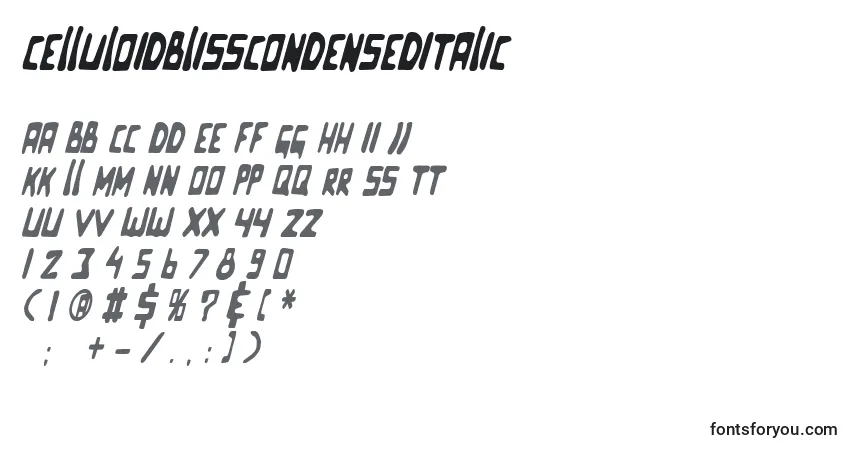 Czcionka Celluloidblisscondenseditalic – alfabet, cyfry, specjalne znaki