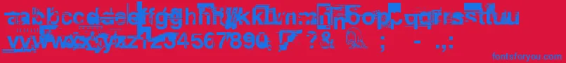 PlannedObsolescence-Schriftart – Blaue Schriften auf rotem Hintergrund