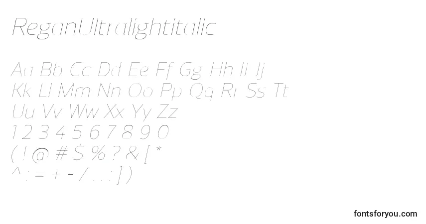 Schriftart ReganUltralightitalic – Alphabet, Zahlen, spezielle Symbole