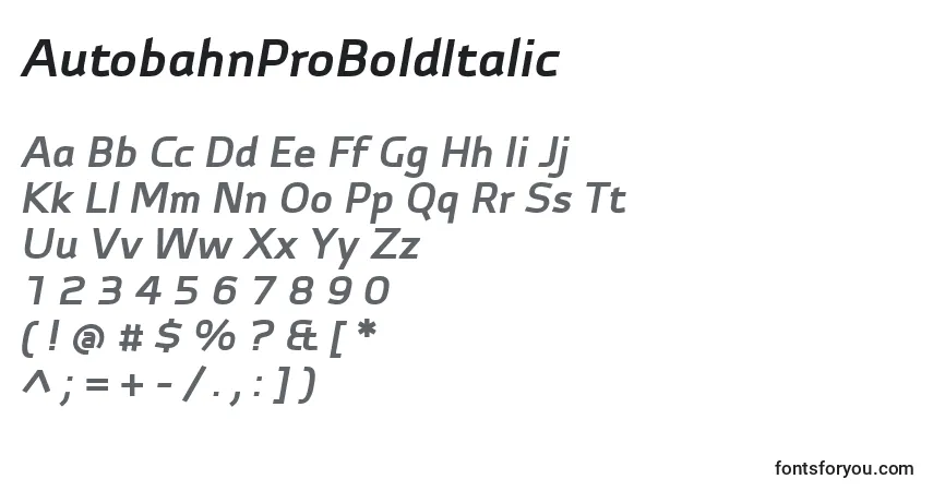 Czcionka AutobahnProBoldItalic – alfabet, cyfry, specjalne znaki