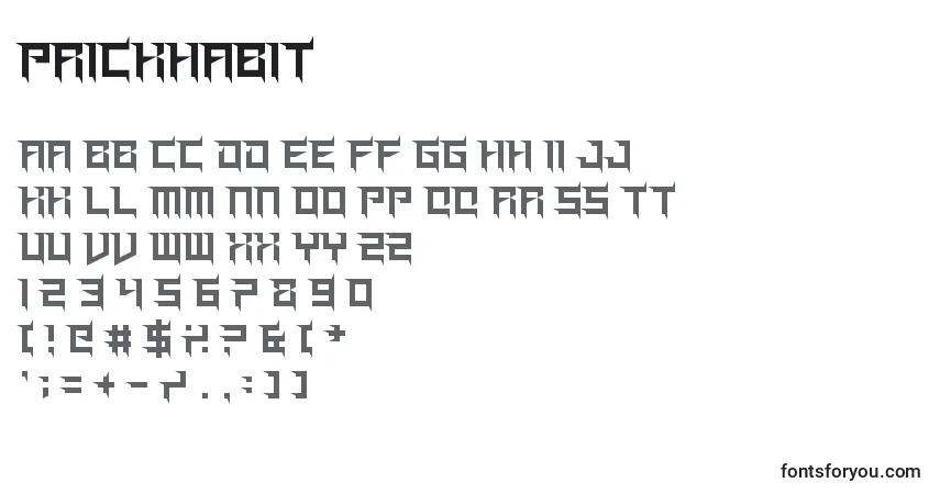 Czcionka PrickHabit – alfabet, cyfry, specjalne znaki
