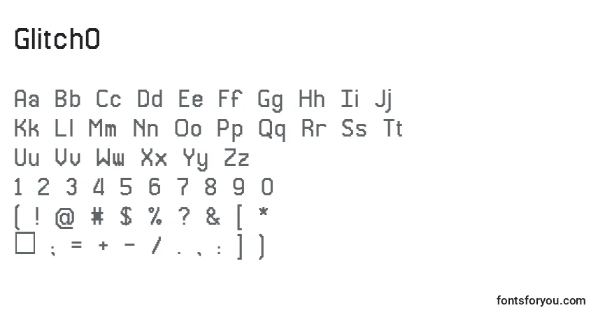 Czcionka Glitch0 – alfabet, cyfry, specjalne znaki