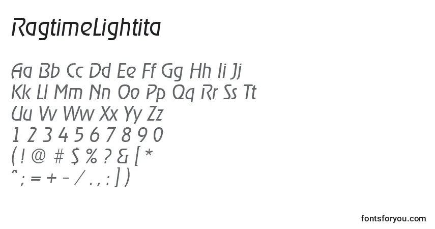 A fonte RagtimeLightita – alfabeto, números, caracteres especiais