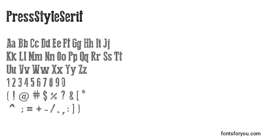 A fonte PressStyleSerif – alfabeto, números, caracteres especiais