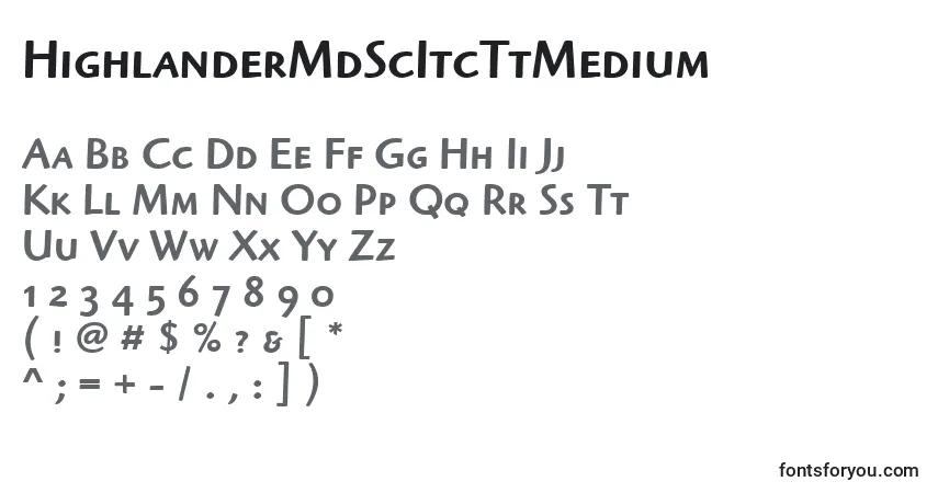Czcionka HighlanderMdScItcTtMedium – alfabet, cyfry, specjalne znaki