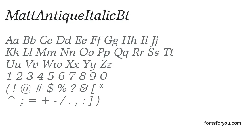 Czcionka MattAntiqueItalicBt – alfabet, cyfry, specjalne znaki