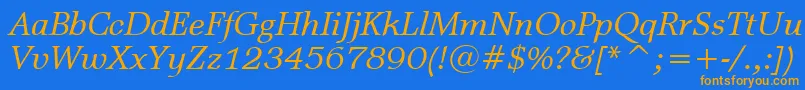 フォントMattAntiqueItalicBt – オレンジ色の文字が青い背景にあります。