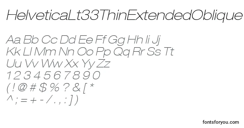 A fonte HelveticaLt33ThinExtendedOblique – alfabeto, números, caracteres especiais