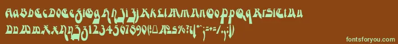 フォントModerneGekippteSchwabacher – 緑色の文字が茶色の背景にあります。