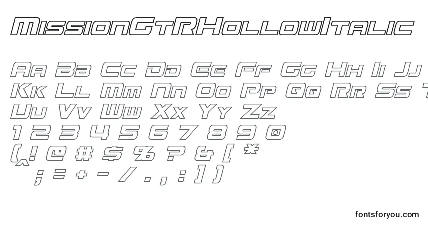 Шрифт MissionGtRHollowItalic – алфавит, цифры, специальные символы