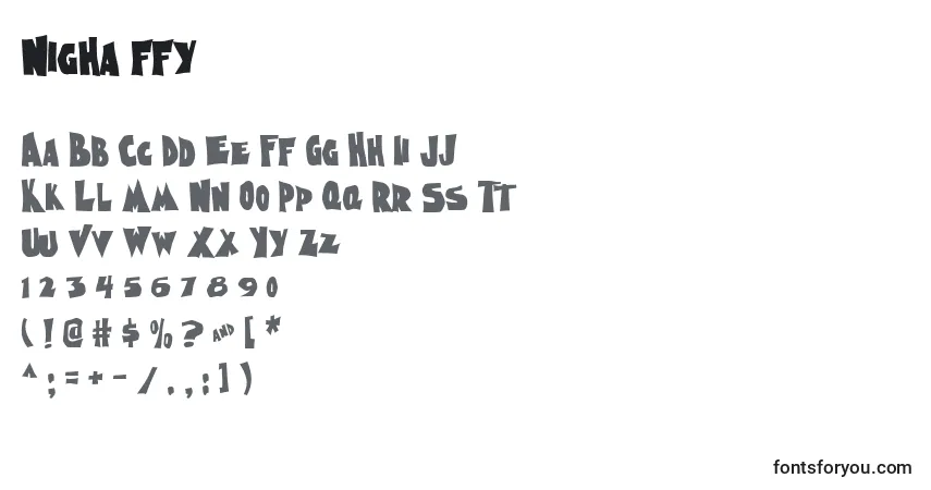 Schriftart Nigha ffy – Alphabet, Zahlen, spezielle Symbole