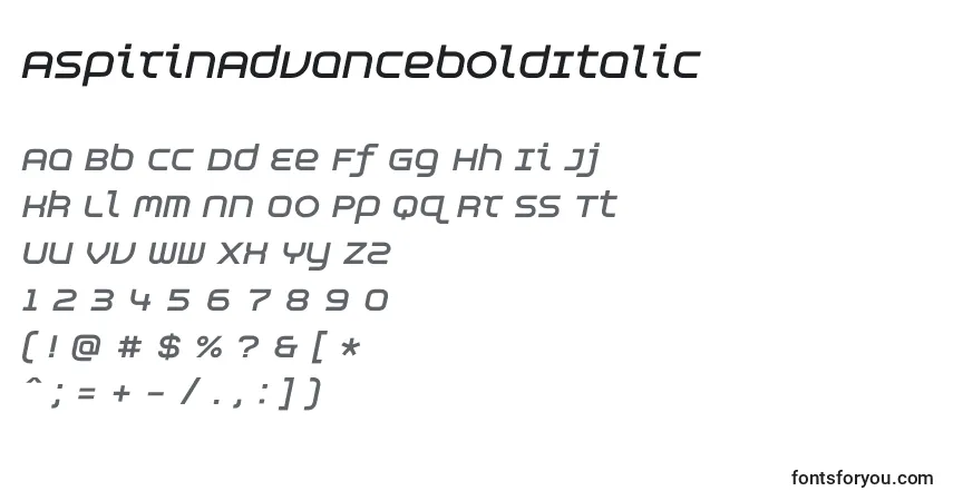 Шрифт AspirinAdvanceboldItalic – алфавит, цифры, специальные символы