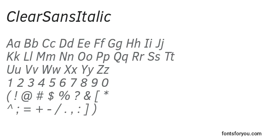 Шрифт ClearSansItalic – алфавит, цифры, специальные символы