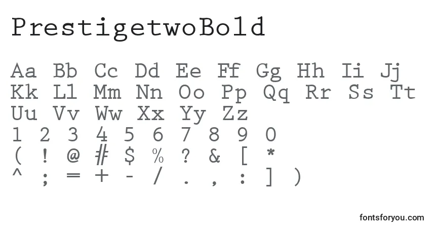 A fonte PrestigetwoBold – alfabeto, números, caracteres especiais