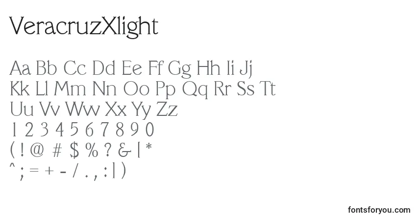 Czcionka VeracruzXlight – alfabet, cyfry, specjalne znaki