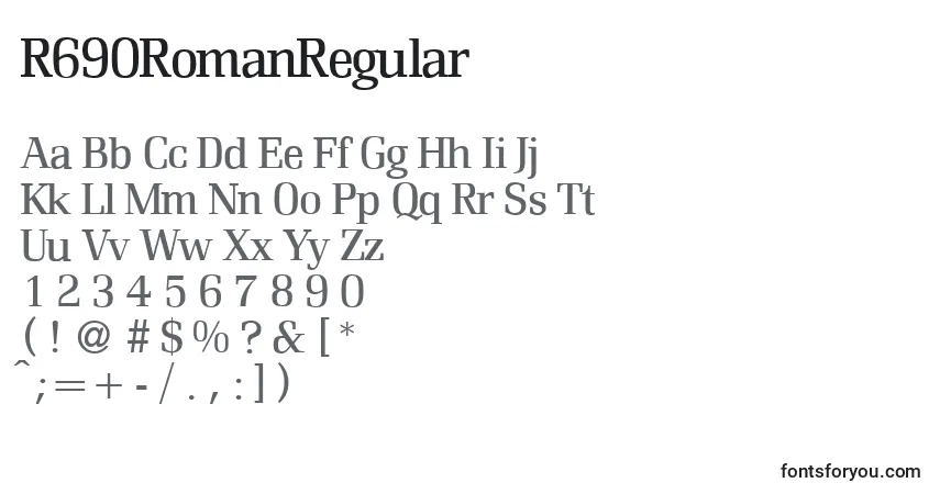 Czcionka R690RomanRegular – alfabet, cyfry, specjalne znaki