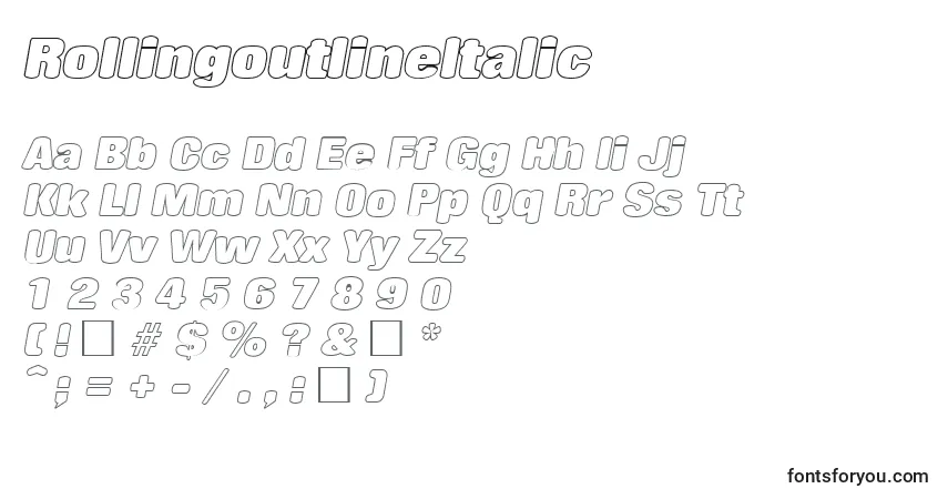 Czcionka RollingoutlineItalic – alfabet, cyfry, specjalne znaki