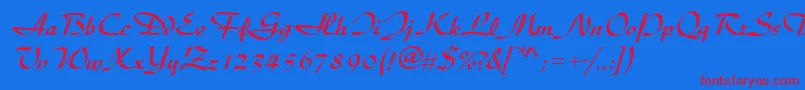 Diskusdmed-Schriftart – Rote Schriften auf blauem Hintergrund