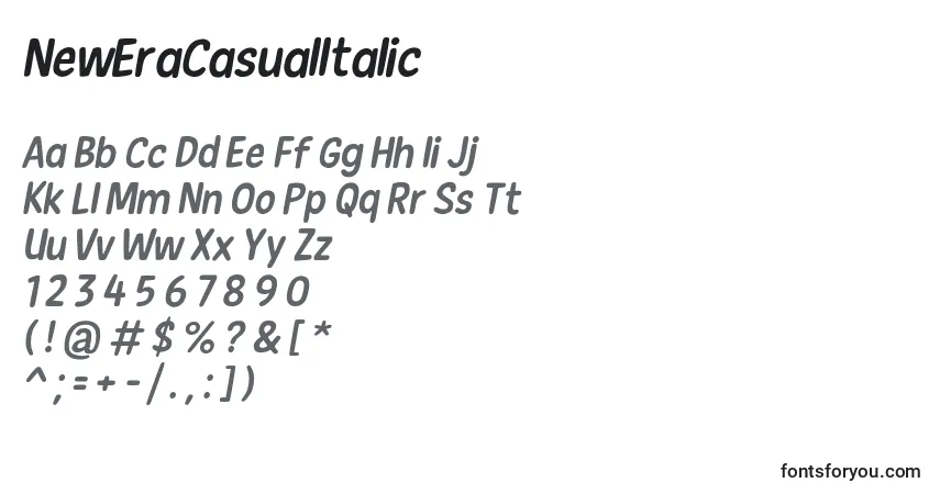 Schriftart NewEraCasualItalic – Alphabet, Zahlen, spezielle Symbole