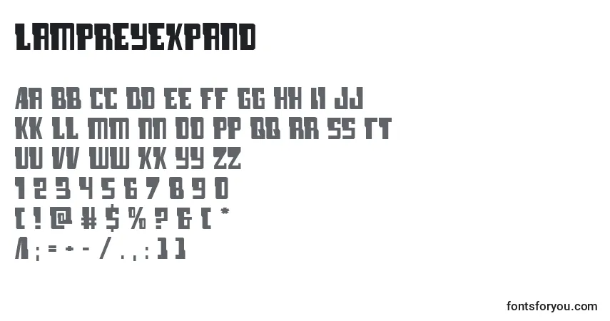 Schriftart Lampreyexpand – Alphabet, Zahlen, spezielle Symbole