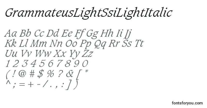 Czcionka GrammateusLightSsiLightItalic – alfabet, cyfry, specjalne znaki