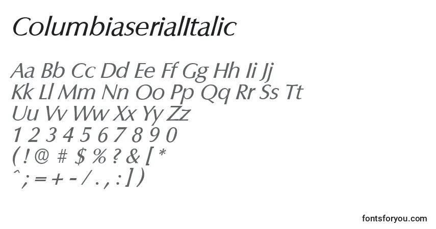 characters of columbiaserialitalic font, letter of columbiaserialitalic font, alphabet of  columbiaserialitalic font