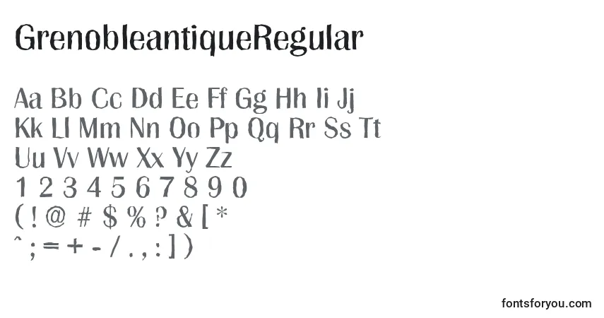 characters of grenobleantiqueregular font, letter of grenobleantiqueregular font, alphabet of  grenobleantiqueregular font