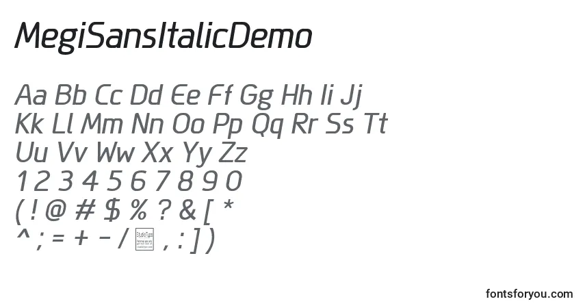 characters of megisansitalicdemo font, letter of megisansitalicdemo font, alphabet of  megisansitalicdemo font