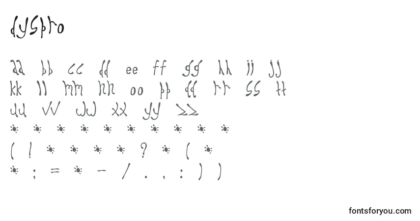 characters of dyspro font, letter of dyspro font, alphabet of  dyspro font