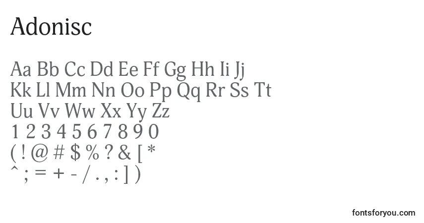 characters of adonisc font, letter of adonisc font, alphabet of  adonisc font