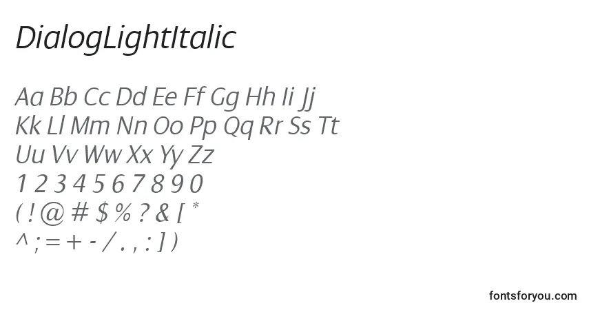 characters of dialoglightitalic font, letter of dialoglightitalic font, alphabet of  dialoglightitalic font